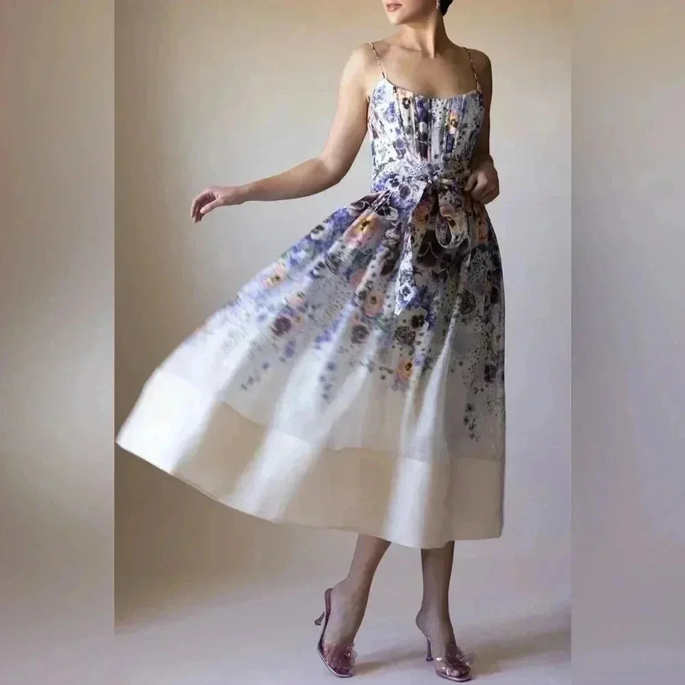 Zimmermann Tama Corset Linen Silk Midi Dress 1 US6 Floral Pansy Waist Tie Belted - Picture 10 of 16